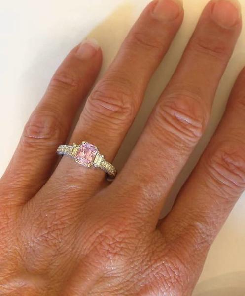 Radiant Cut Pink Light Sapphire Ring with Baguette Diamonds in 14k white gold