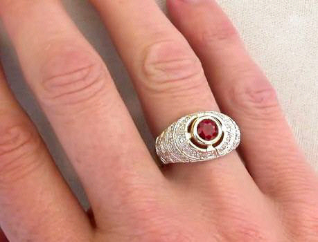 Genuine Round Ruby Ring with Antique Style Setting, Bead Set Diamondsa and Milgrain Edging in 18k white gold with 18k yellow gold bezel
