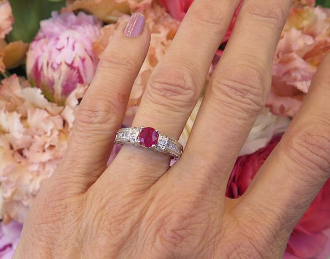 Woman's Natural Burmese Ruby and Diamond Ring in 14k white gold