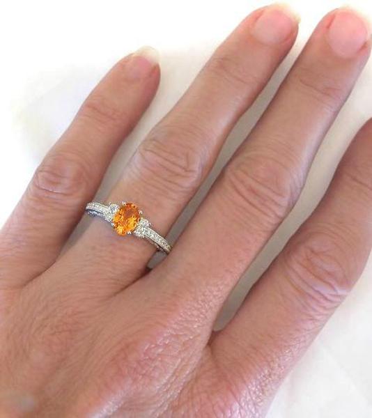 Natural Orange Sapphire Three Stone Engagement Ring in 14k white gold - Vintage Styled