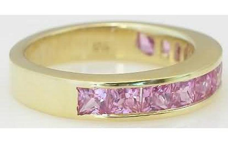 Channel Set Anniversary Band Ring with 2.5mm Princess Cut Natural Pink Sapphires in 14k yellow gold