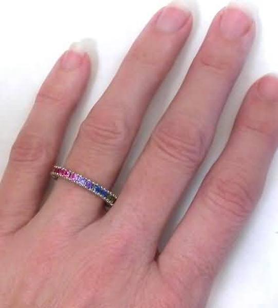 Round natural rainbow sapphire eternity band ring in 14k white gold- around 3 grams of gold