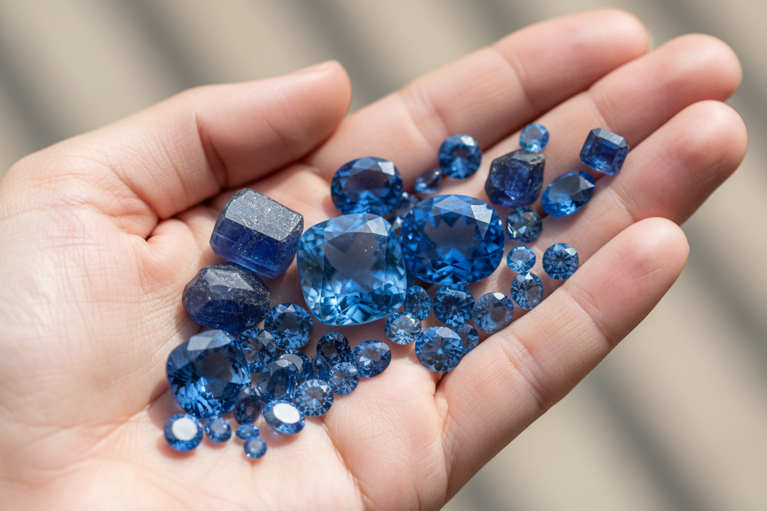 A selection of salon blue sapphires in the palm of the hand as a blurred background.