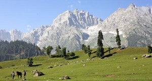 Kashmir with the Himalayan mountains in the background. This is where some of the finest sapphires come from.