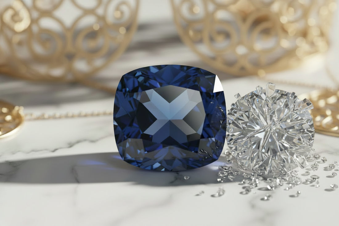 Large cushion-cut blue sapphire beside a round brilliant diamond on a light marble surface with gold jewelry in the background.