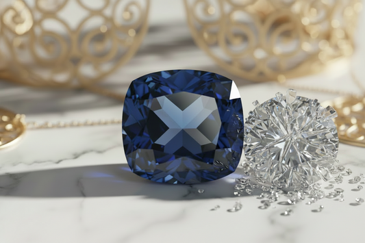 Large cushion-cut blue sapphire beside a round brilliant diamond on a light marble surface with gold jewelry in the background.