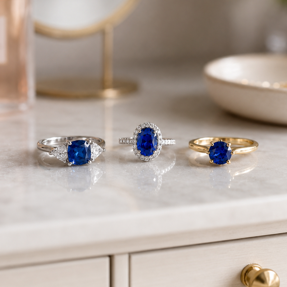Three rings with deep blue sapphire gemstones are displayed on a light marble surface in a styled vanity setting with a perfume bottle, round mirror, and flowers in the background.