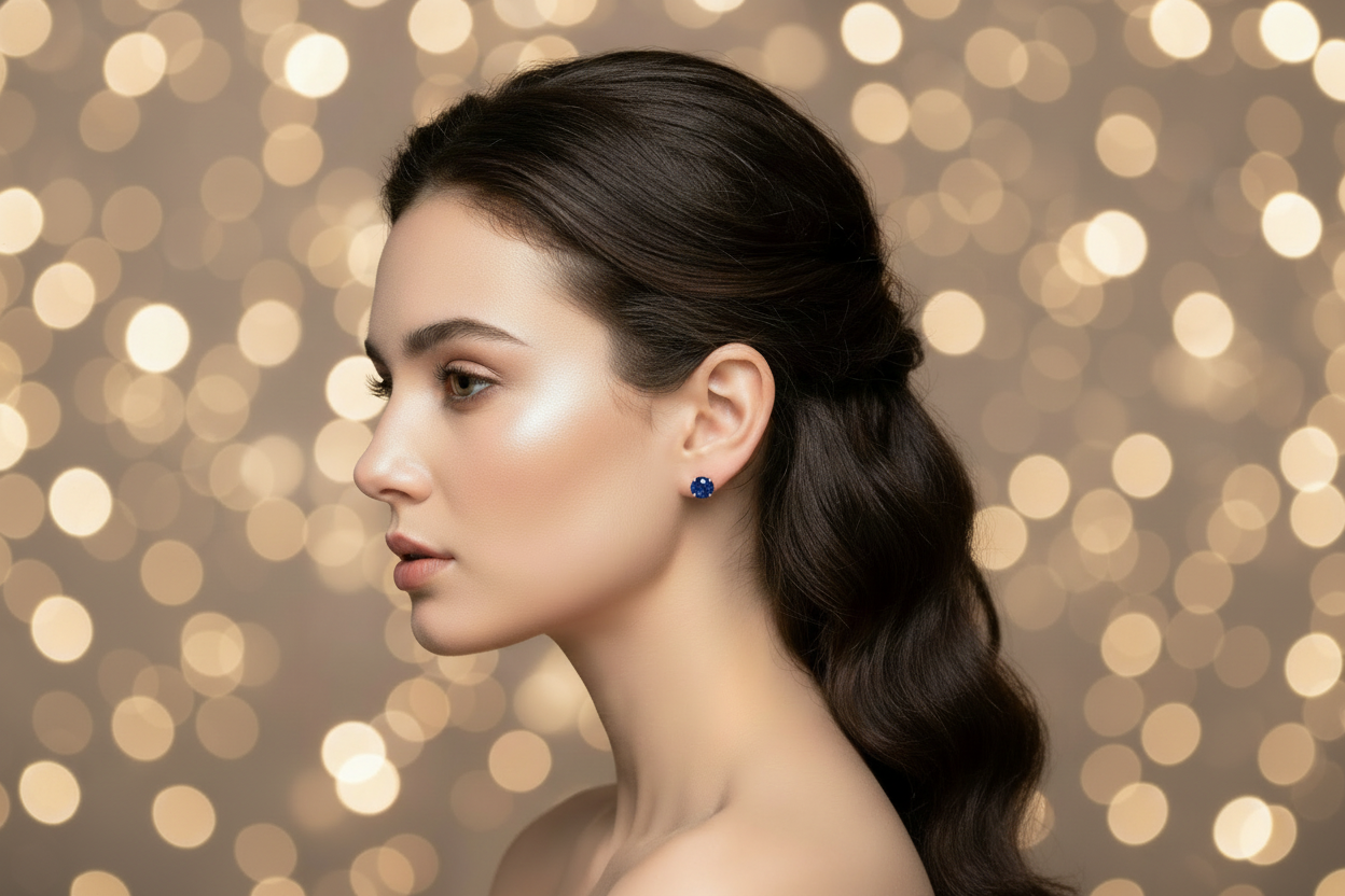 A close-up side profile of a woman with dark hair wearing a small blue stud earring, set against a warm bokeh background of golden lights.