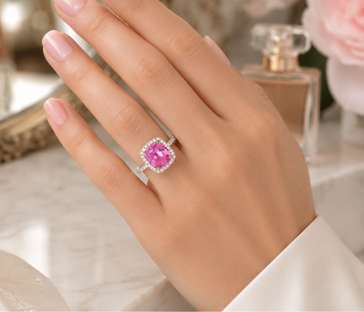 A close-up of a hand wearing a silver ring with a cushion-cut pink gemstone surrounded by small clear stones, set against a softly blurred background with pink flowers and a perfume bottle.