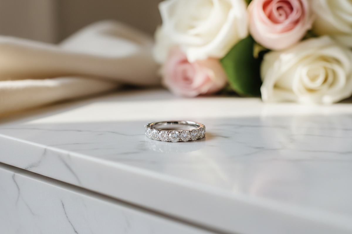 A diamond wedding band sitting nicely on a dresser. On a high-end dresser with a marble top.