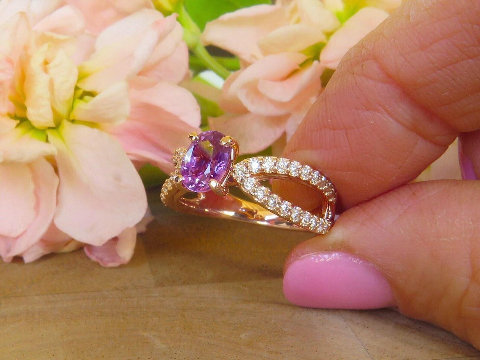 Oval Natural Magenta Sapphire and Split Shank Diamond Ring in 14k rose gold