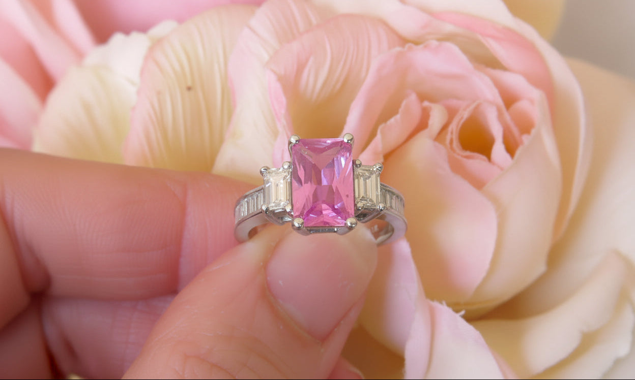 A white gold ring with a rectangular pink sapphire gemstone and baguette side stones, held between fingers against a soft pink rose background.