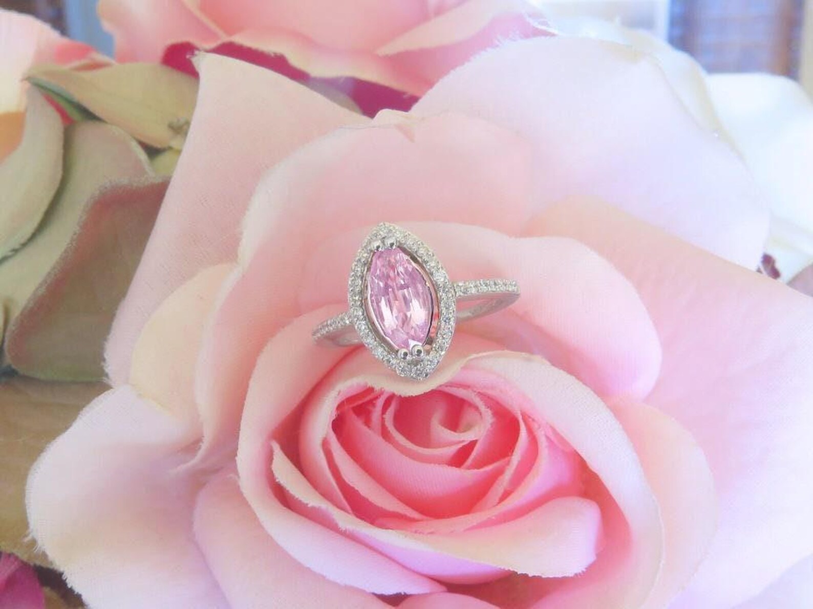 Marquise-shaped, light pink sapphire ring with diamond halo, sitting on top of a pink rose petal.