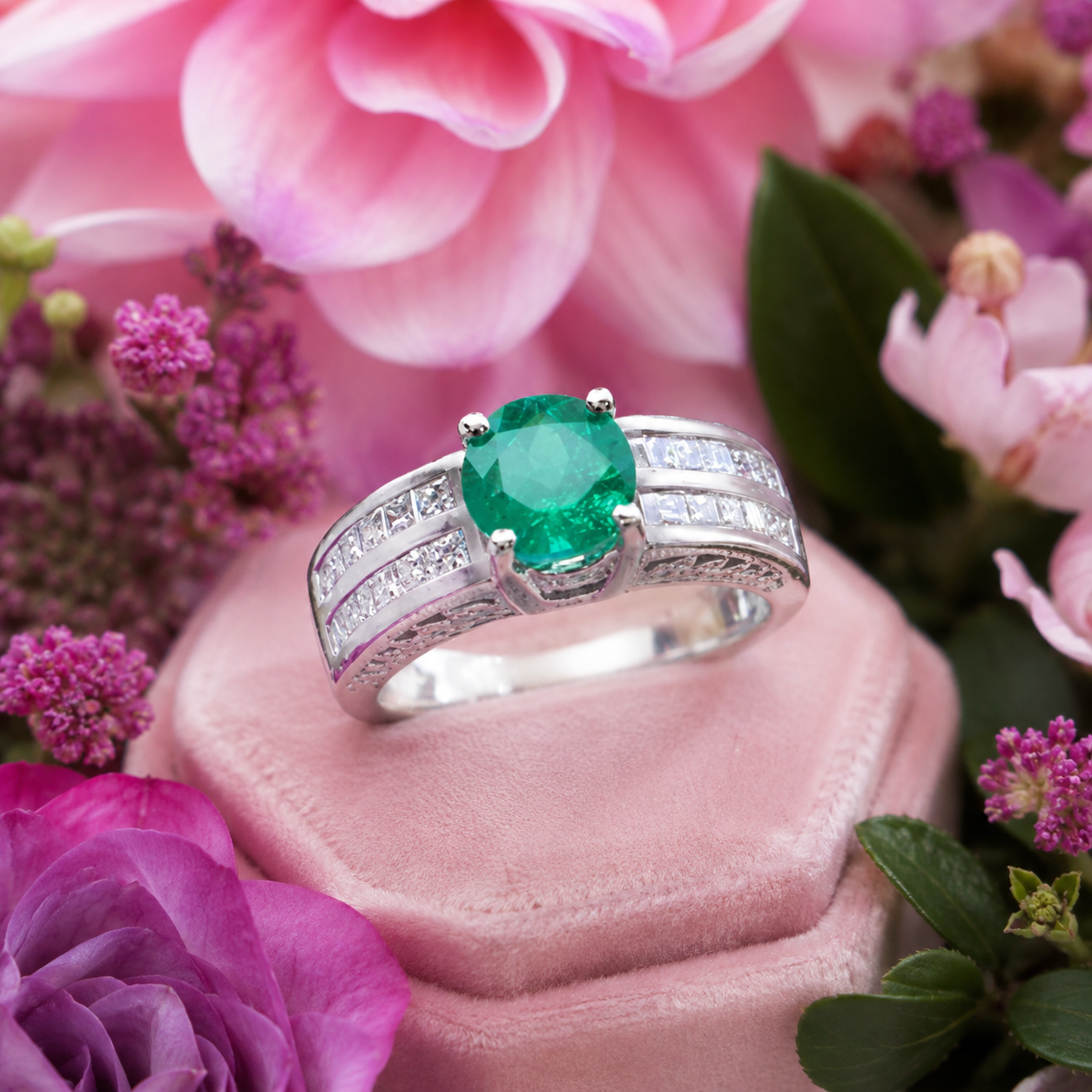 A silver-toned oval emerald-cut ring with a green center stone and small clear stones on the band, displayed on a pink velvet ring box surrounded by pink flowers and green leaves.