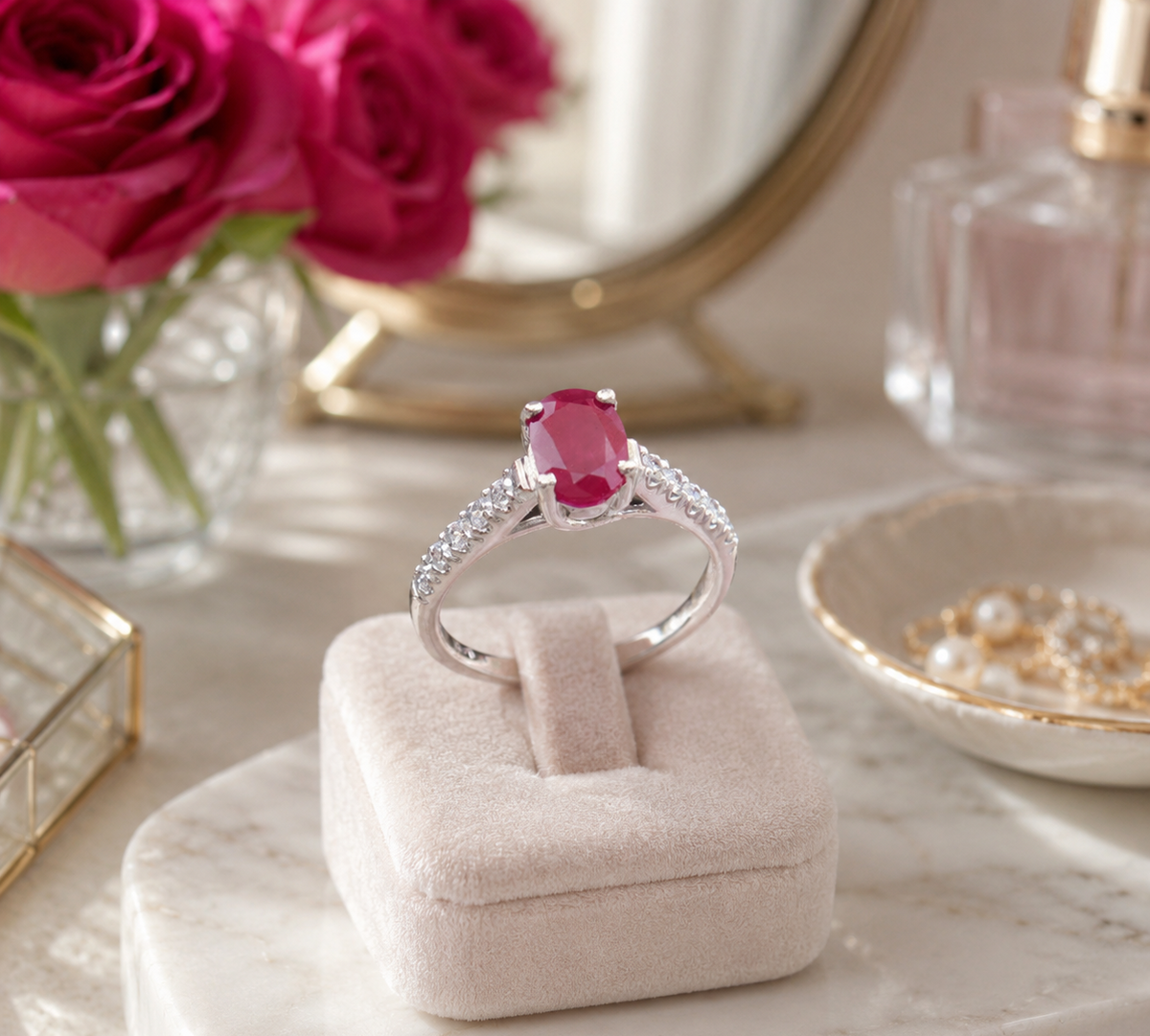 A silver ring with a rectangular pink gemstone and small clear stones on the band, displayed on a beige ring box on a marble surface with pink roses and a mirror in the background.