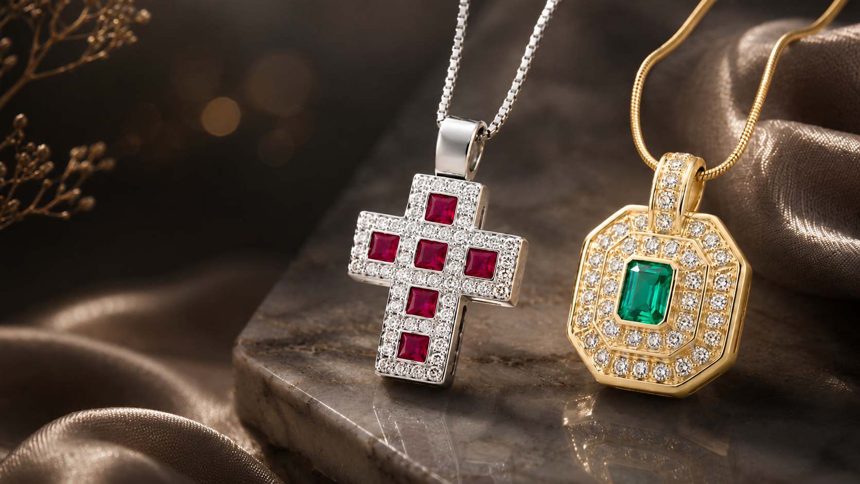 Two ornate pendant necklaces displayed on a dark marble slab with draped satin fabric. One pendant is silver-toned with a cross shape and red gemstones surrounded by clear stones.