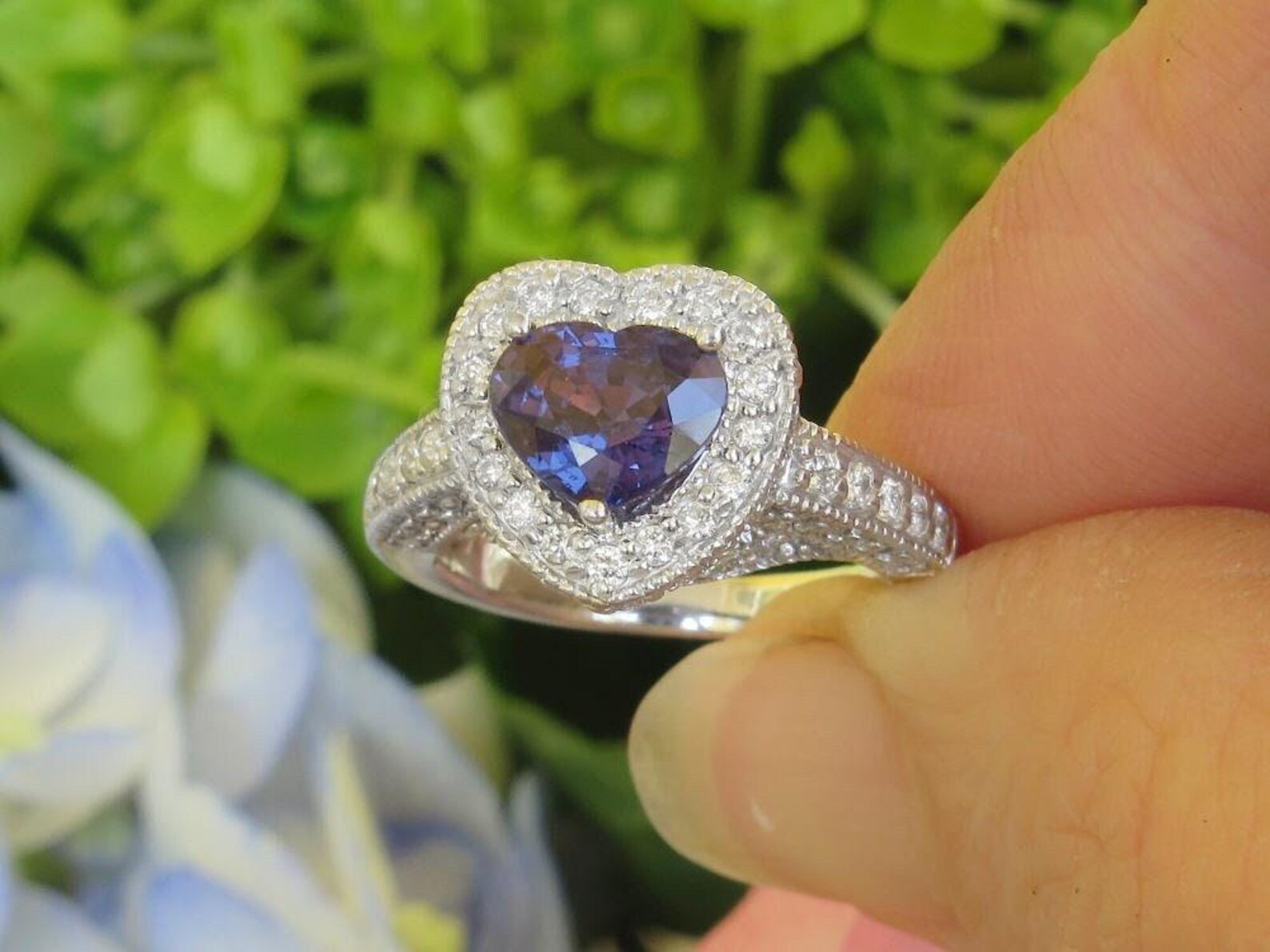 Rare 3.04 ctw Heart Shape Color Change Sapphire and Diamond Ring in 18k white gold