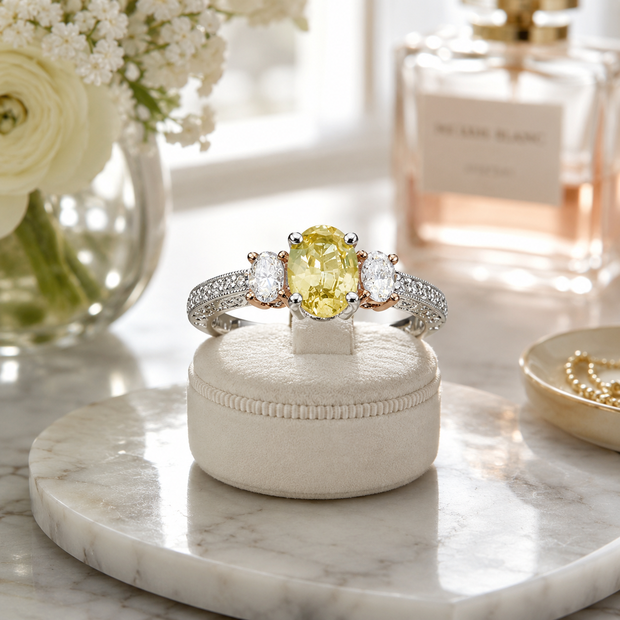 A yellow sapphire engagement ring with oval-cut side diamonds set in  rose gold, displayed on a round cream velvet ring stand on a white marble tray. A perfume bottle and flowers are blurred in the background.
