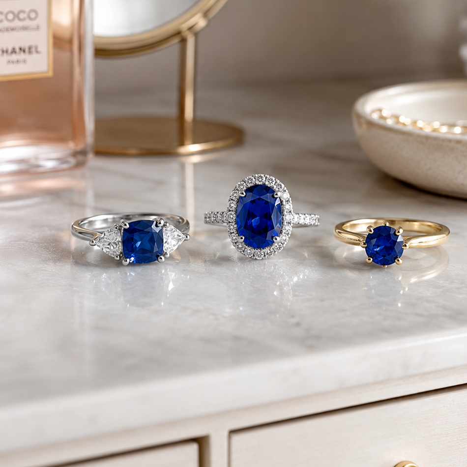 Three rings with deep blue gemstones are displayed on a white marble surface in a styled vanity setting with a Chanel perfume bottle, mirror, flowers, and a jewelry dish in the background.