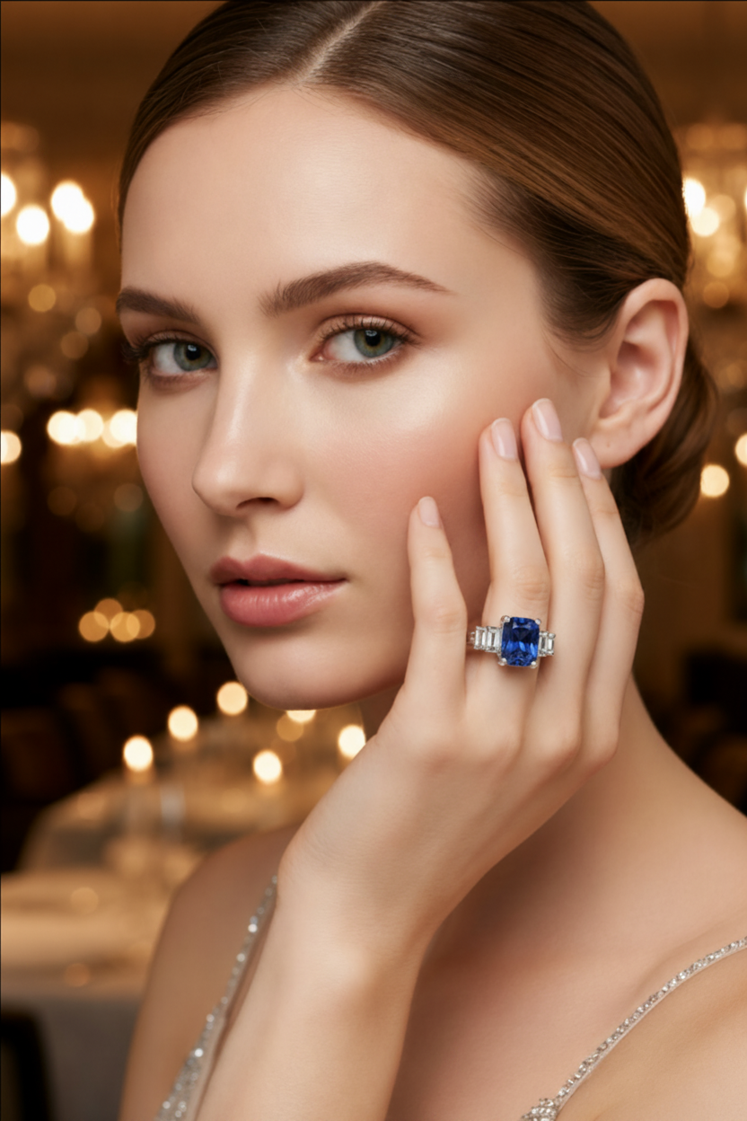 A close-up lifestyle shot of a woman wearing a stunning ring with a large square-cut blue sapphire gemstone in a white gold setting, with warm bokeh lights in the background.