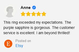 A screenshot of an Etsy review by a user named Anne, featuring a five-star rating and a positive review about a purple sapphire ring.
