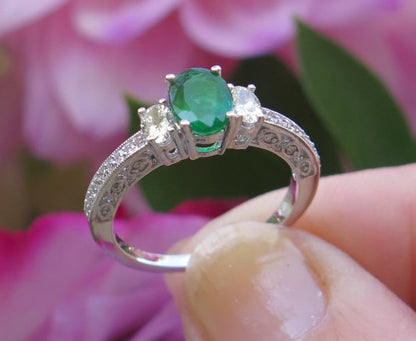 Oval Natural Emerald Ring - 3 Stone Vintage Style Engagement Ring in 14k white gold
