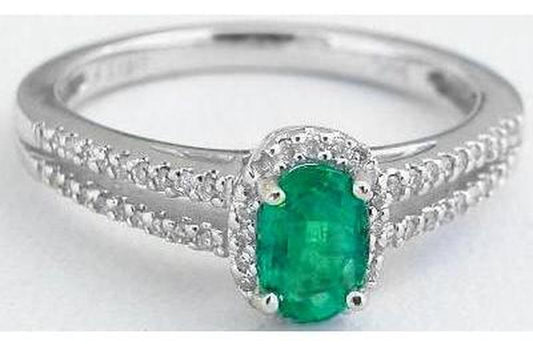 Halo set emerald cut natural sapphire ring in 14k white gold
