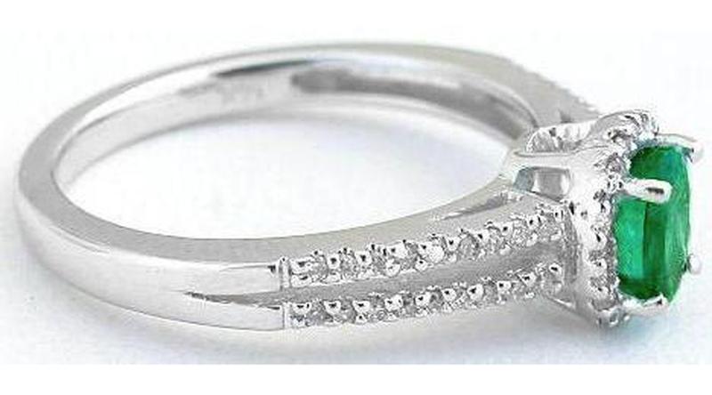 Emerald Ring - Genuine Oval Emerald and Diamond Ring in 14k white gold