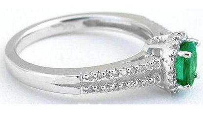 Emerald Ring - Genuine Oval Emerald and Diamond Ring in 14k white gold