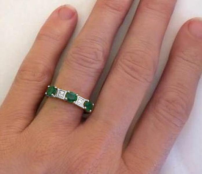 Natural Emerald Ring - Three Stone Oval Emerald and Baguette Baguette Diamond Anniversary Ring in 14k white gold