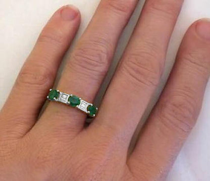 Natural Emerald Ring - Three Stone Oval Emerald and Baguette Baguette Diamond Anniversary Ring in 14k white gold