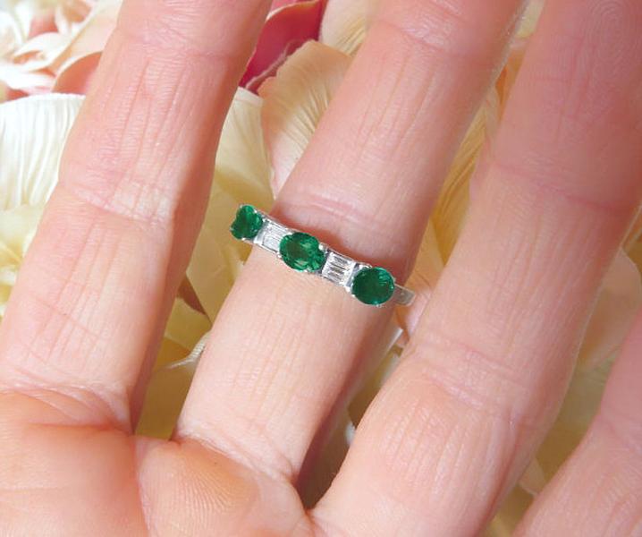 Three Stone Natural Oval Emerald and Baguette Diamond Ring in 14k white gold for sale