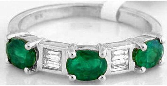 Natural Emerald Ring - Three Stone Oval Emerald and Baguette Baguette Diamond Anniversary Ring in 14k white gold