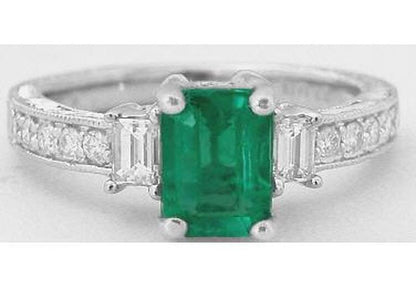Genuine Emerald Ring with Baguette Diamonds in 14k white gold