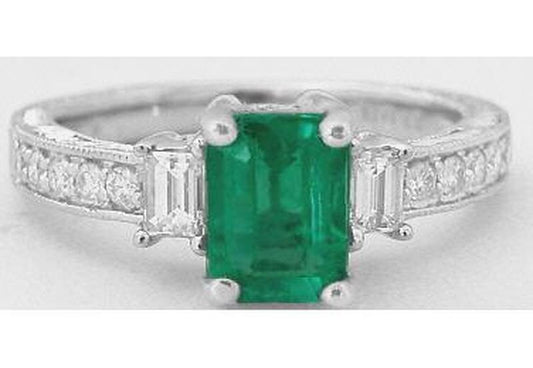 Genuine Emerald Ring with Baguette Diamonds in 14k white gold