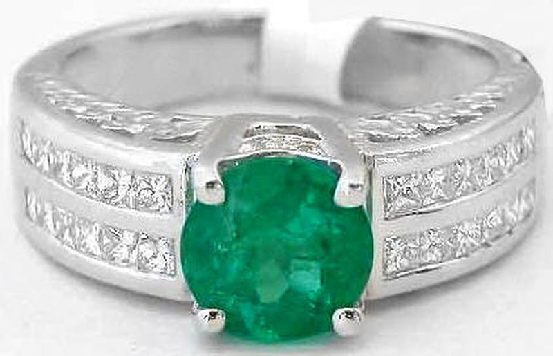 Emerald Engagement Ring with 7mm Round Emerald and Princess Cut Diamonds Ring in 18k white gold