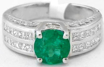 Emerald Engagement Ring with 7mm Round Emerald and Princess Cut Diamonds Ring in 18k white gold