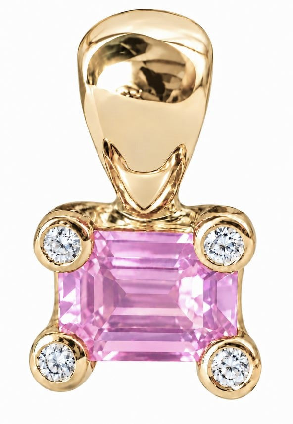 East west set pink sapphire set within 4 prongs each holding a round diamond in yellow gold on a white background