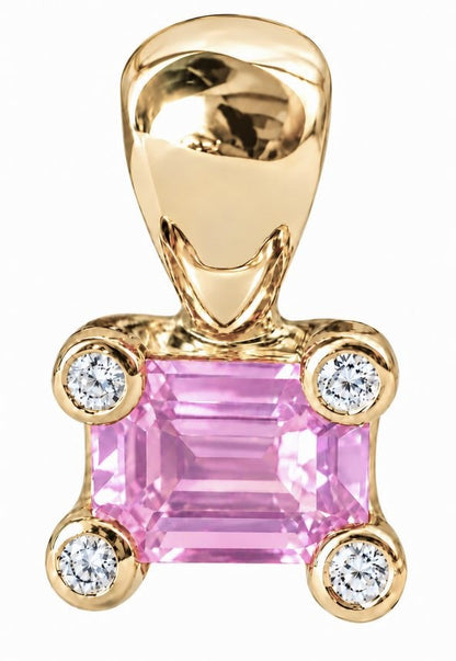 East west set pink sapphire set within 4 prongs each holding a round diamond in yellow gold on a white background