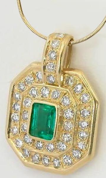 Natural Columbian Emerald and Double Diamond Halo Pendant in 18k yellow gold