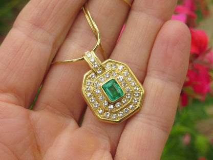 Natural Columbian Emerald and Double Diamond Halo Pendant in 18k yellow gold