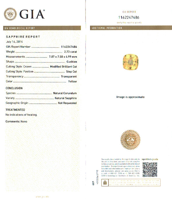 GIA sapphire report for 2.73 carat yellow sapphire ring at MySapphireSource