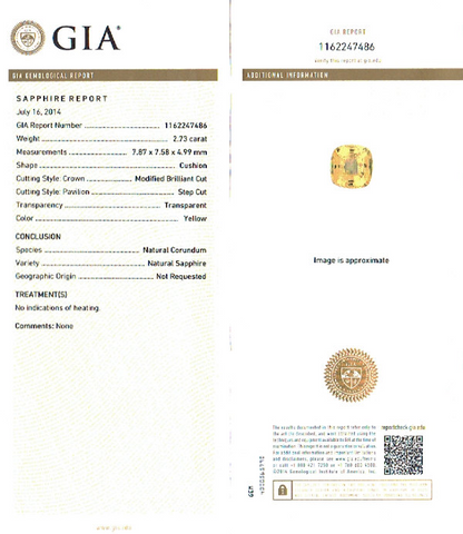 GIA sapphire report for 2.73 carat yellow sapphire ring at MySapphireSource