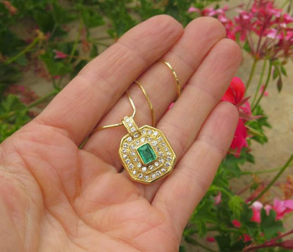 18k yellow gold Natural Columbian Emerald and Double Diamond Halo Pendant with Snake Chain