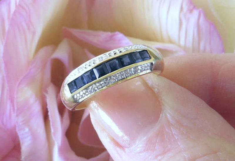 Channel Set Natural Sapphire Stackable Band Ring in real solid 14k yellow gold