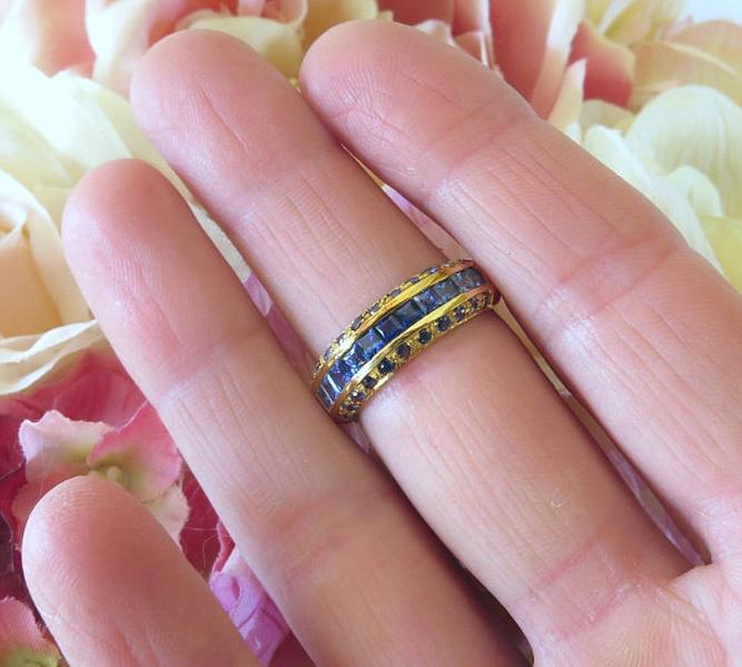 Channel Set Princess Cut Real Sapphire Band Ring in solid 14k yellow gold for sale