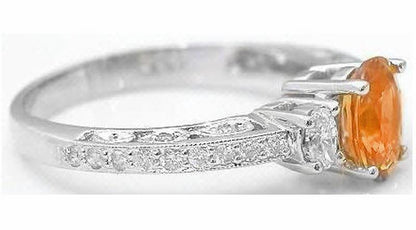 Oval Natural Orange Sapphire and Oval Diamond Three Stone Engagement Ring in 14k white gold - Vintage Design