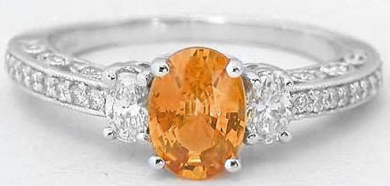 Oval Natural Orange Sapphire and Oval Diamond Engagement Ring in 14k white gold - Vintage Design
