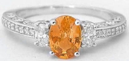 Oval Natural Orange Sapphire and Oval Diamond Engagement Ring in 14k white gold - Vintage Design