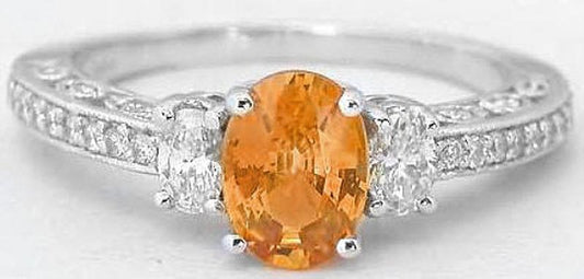 Oval Natural Orange Sapphire and Oval Diamond Engagement Ring in 14k white gold - Vintage Design